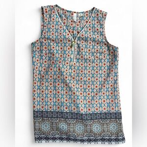 Tacera Floral Patterned Top with Blue and Red Accents